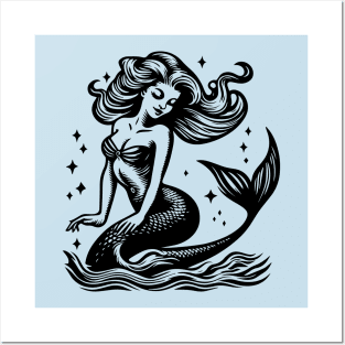 Woodcut Mermaid Posters and Art